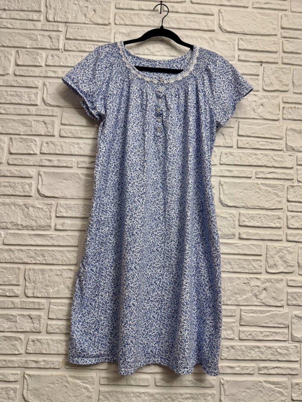 Vintage Aria Cotton Ditsy Floral Nightgown Dress Blue Pockets Cottage Core XL